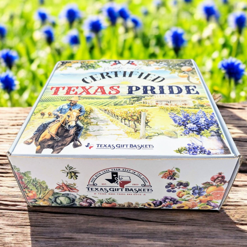 a paperboard gift box that says "Certified Texas Pride" on the lid with Texas images of a cowboy, farm, vineyard and bluebonnets