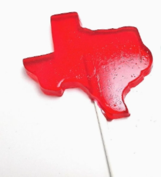 a texas-shaped tutti-frutti flavored lollipop