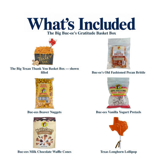 What's included in The Big Buc-ee's Gratitude Basket Box: the gift container and each included product, individually labeled.