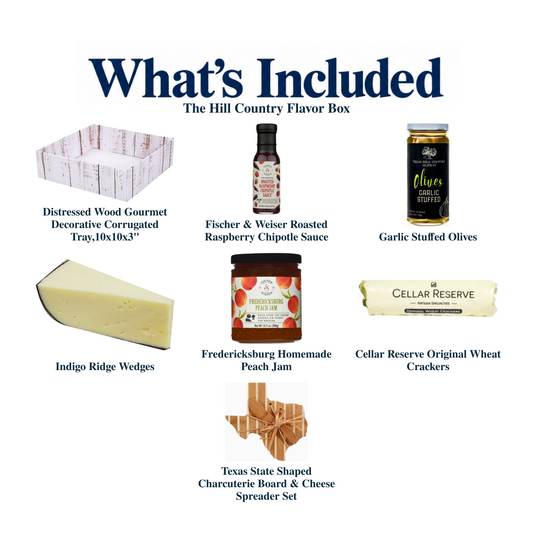 What's included in The Hill Country Flavor Box: the gift container and each included product, individually labeled.