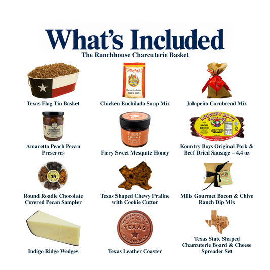 What's included in The Ranchhouse Charcuterie Basket: the gift container and each included product, individually labeled.