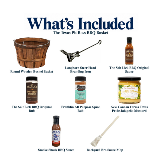 What's included in The Texas Pit Boss BBQ Basket: the gift container and each included product, individually labeled.