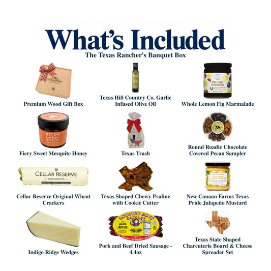 What's included in The Texas Rancher's Banquet Box: the gift container and each included product, individually labeled.