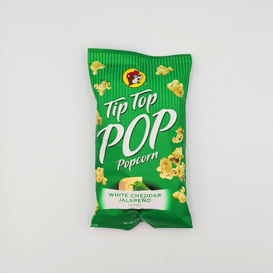 Tip Top Pop white cheddar jalapeño popcorn packaged as a spicy Texas snack gift from Texas Gift Baskets storefront