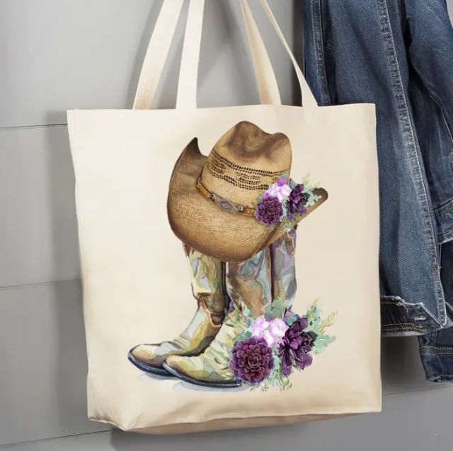 Western Cowboy Boots Hats Southwestern Canvas Tote