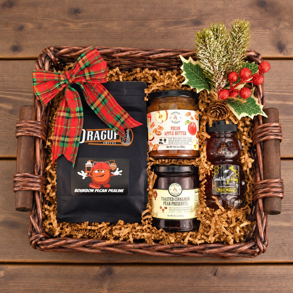 Pear and Pecan Pantry with four foods in brown square willow tray with wooden ear handles