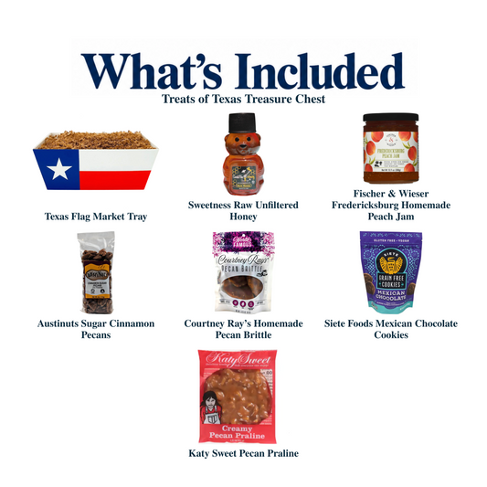 What's included in Treats of Texas Treasure Chest: each included item individually labeled.