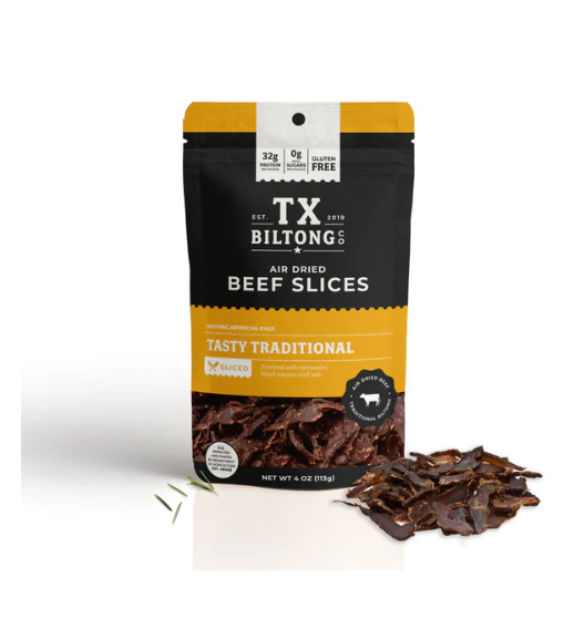 TX Biltong air dried beef slices packaging with beef slices on a white background, available for addition to a custom texas-themed gift box, basket, or tote