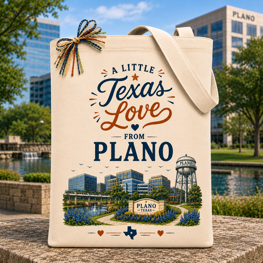 A Little Texas Love from Plano gift tote bag with Plano-inspired artwork
