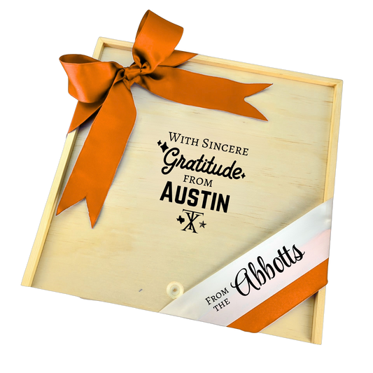 With Sincere Gratitude from Austin wooden gift box with Texas-inspired design, perfect for keepsakes or thoughtful gifting.