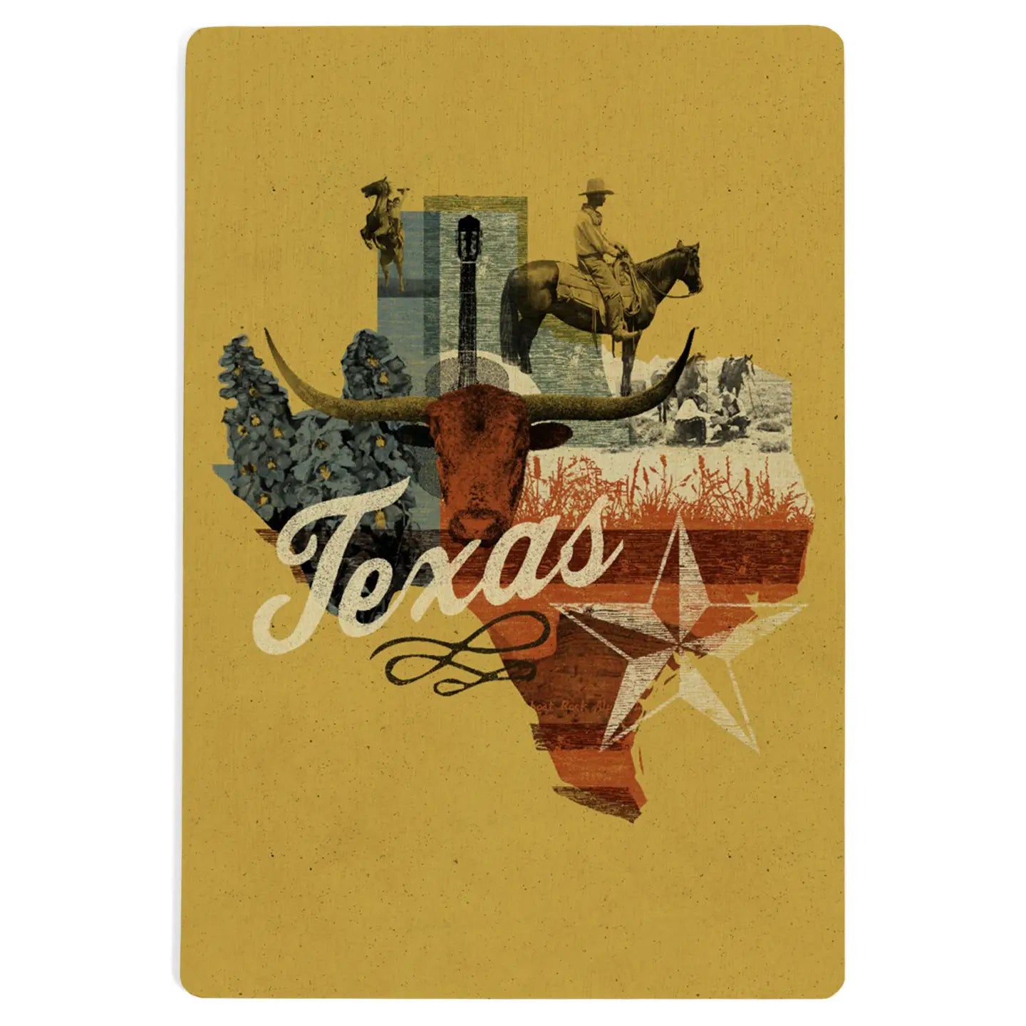 Wood postcard featuring a Texas state photomontage collage displayed as a Texas-themed keepsake on the Texas Gift Baskets storefront
