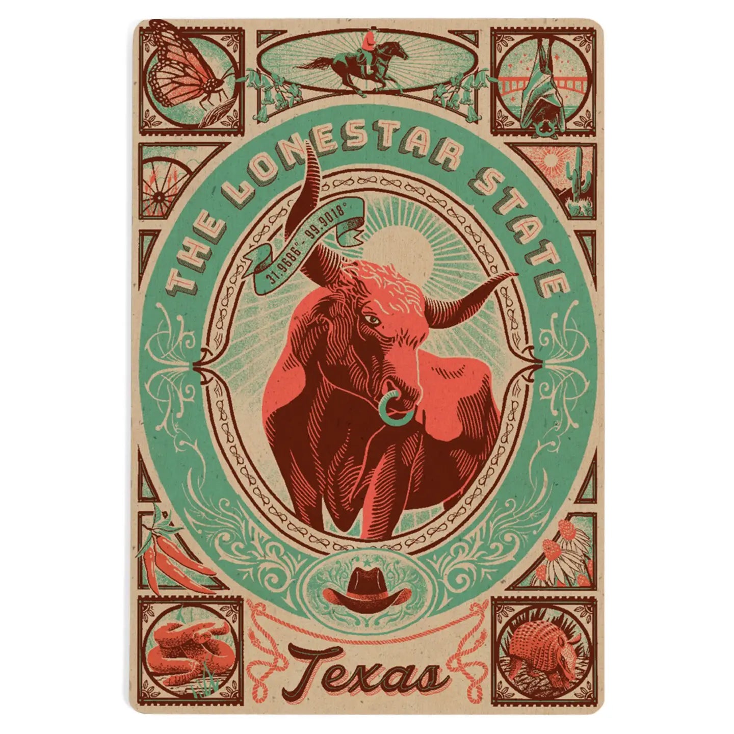 Wood postcard featuring a Texas woodcut menagerie design displayed as a Texas-themed keepsake on the Texas Gift Baskets storefront