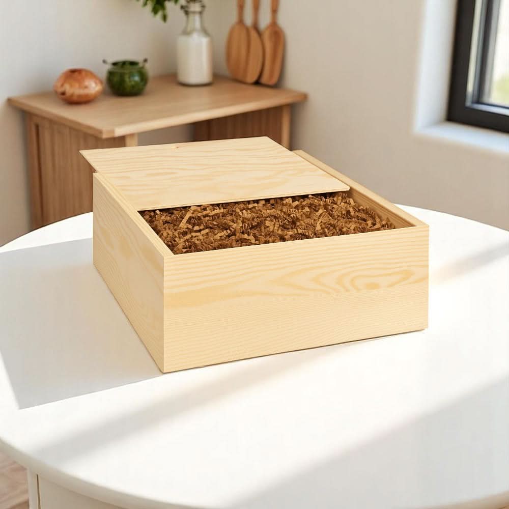 Signature engraved wood gift box shown empty with its sliding pine lid open