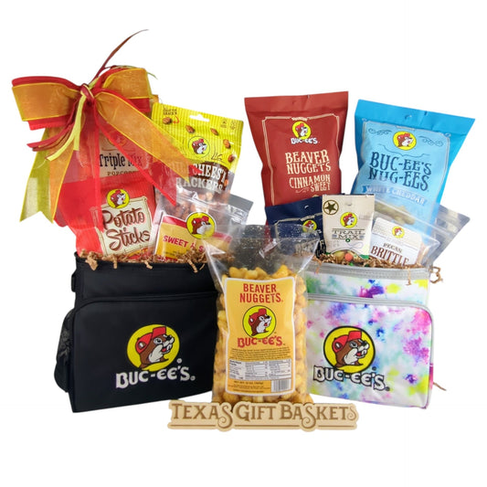 A Buc-ee's themed gift basket from Texas Gift Baskets, filled with Beaver Nuggets, caramel corn and Texas snacks, ready to ship nationwide