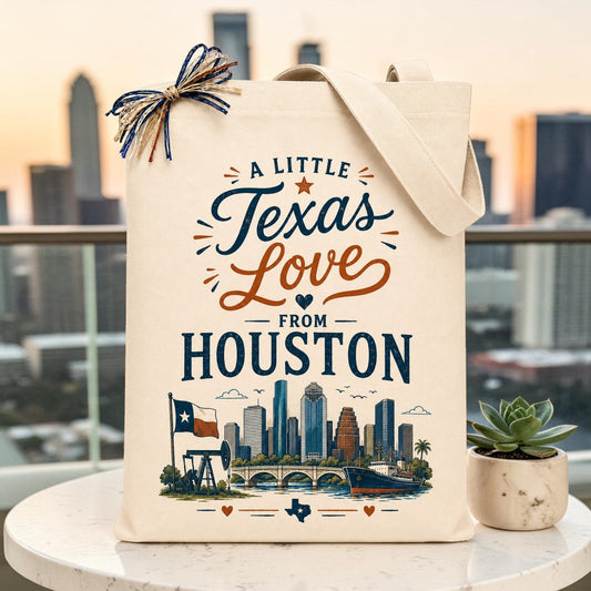 Natural canvas tote with the A Little Texas Love from Houston design, showing the Houston skyline, Texas flag, ship and oil pump