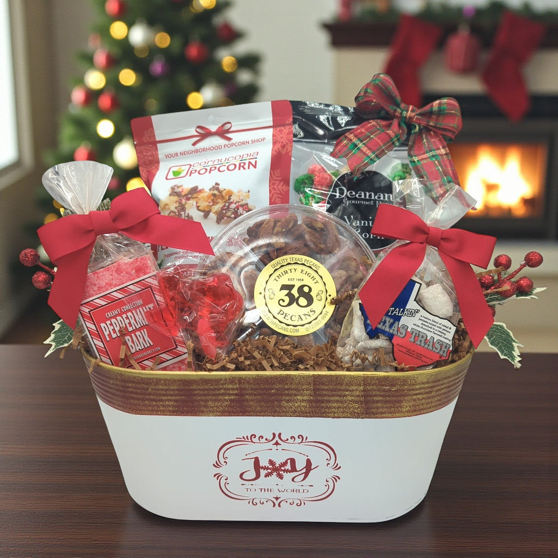 Texas Yuletide Treats Christmas gift tin from Texas Gift Baskets, filled with Texas sweets, snacks and holiday popcorn
