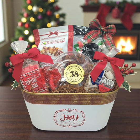 Texas Yuletide Treats Christmas gift tin from Texas Gift Baskets, filled with Texas sweets, snacks and holiday popcorn