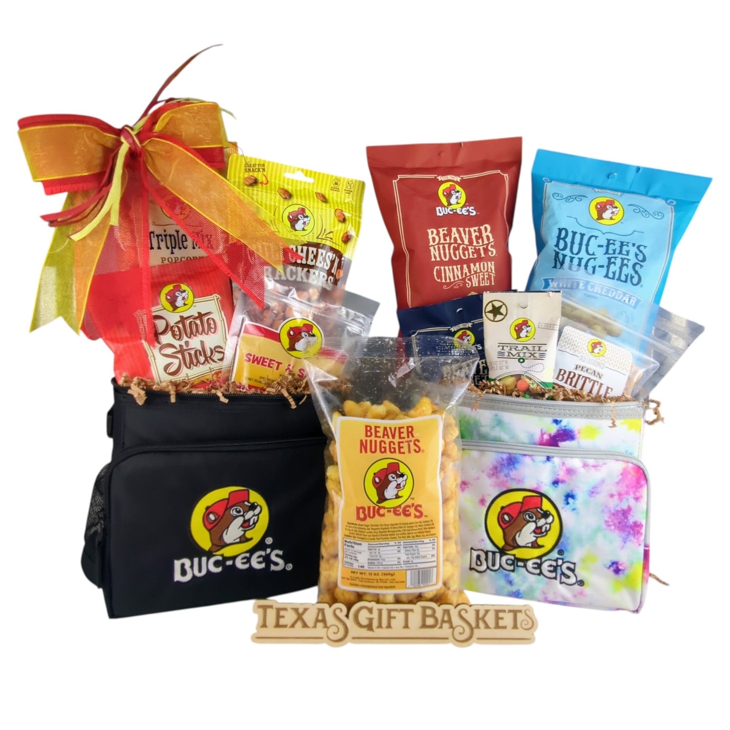 an assortment of buc-ee's snacks arranged around two lunch coolers, for custom texas gift baskets