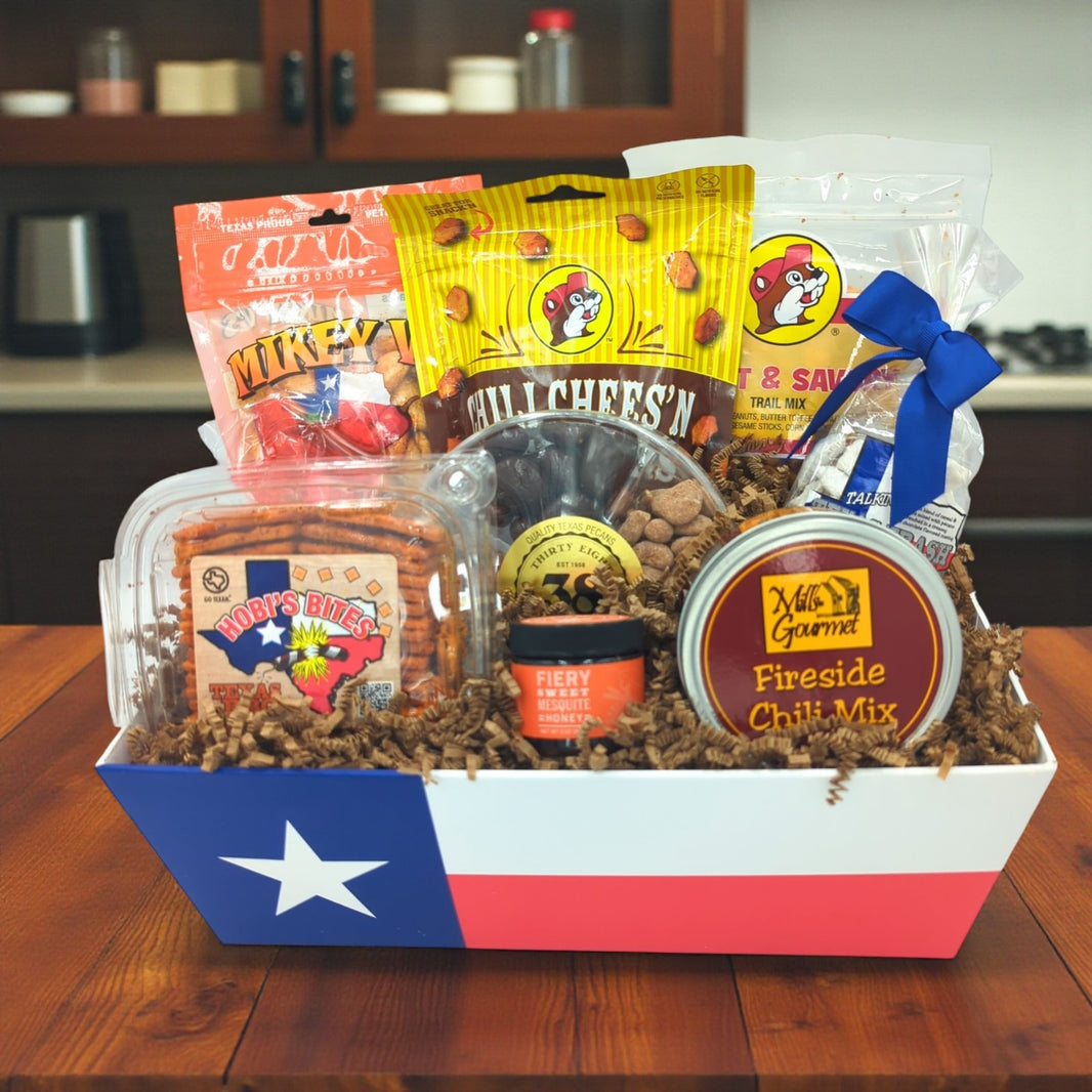 Big Texas Flavor gift box featuring a curated selection of Texas-made foods and gourmet treats, styled to highlight bold, authentic Texas taste and presentation.