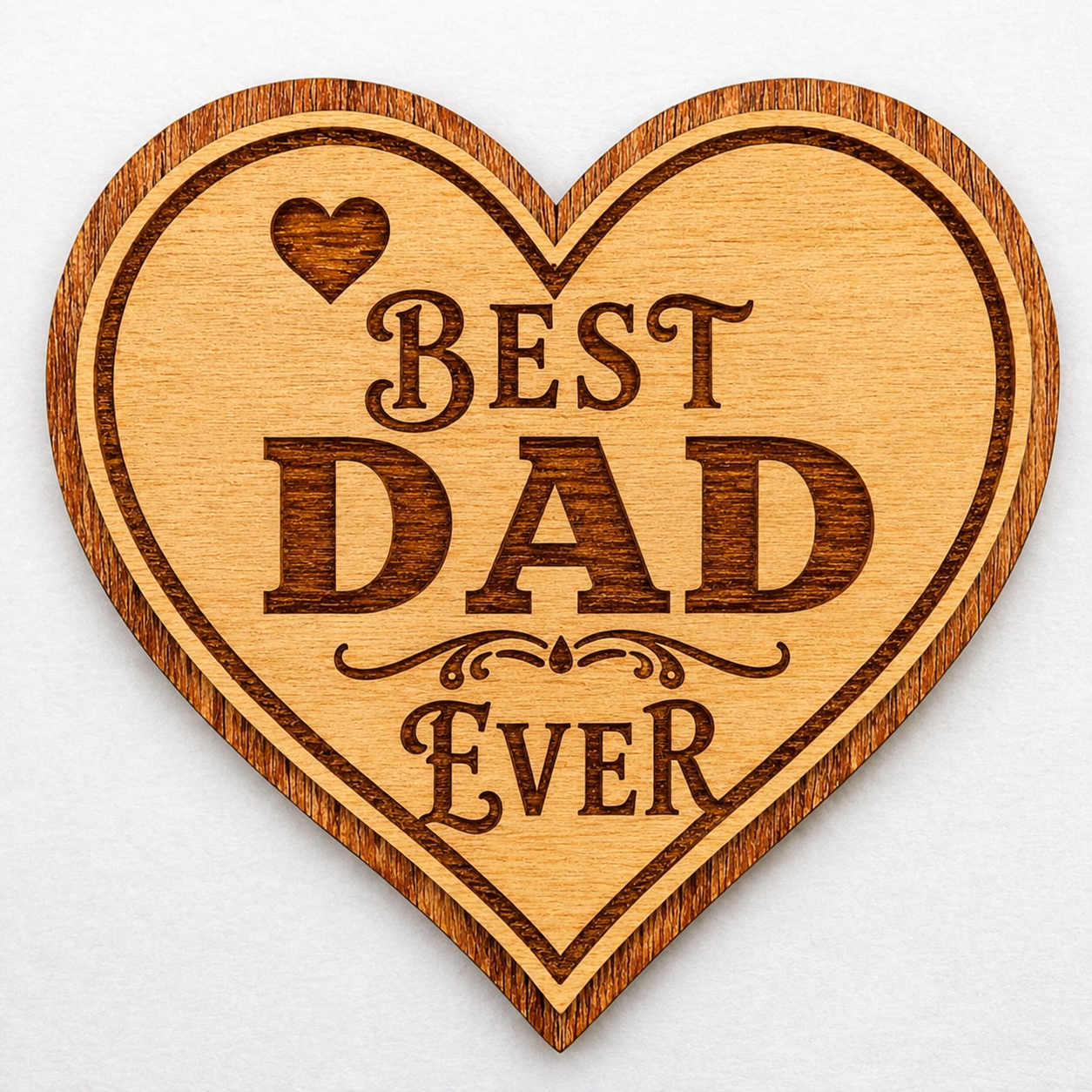 Wooden heart-shaped plaque with 'Best Dad Ever' engraving on a white background