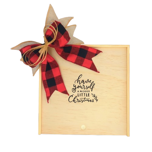 Create Your Own Have Yourself a Merry Little Christmas Wood Gift Box with a festive red and black checkered bow, featuring a “Have Yourself a Merry Little Christmas” design, with a warm holiday backdrop including a coffee cup and Christmas tree.