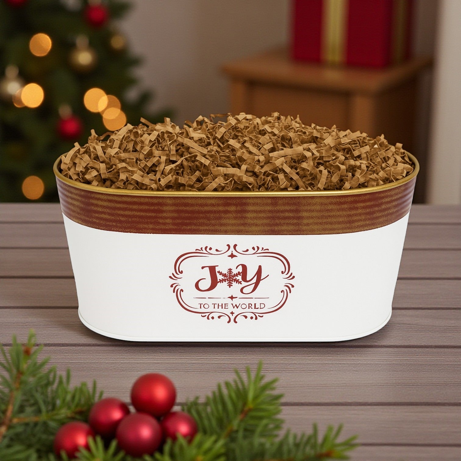 Create Your Own Joy to the World Holiday Gift Basket with elegant seasonal styling, customizable with gourmet treats and festive gifts for a warm holiday presentation.