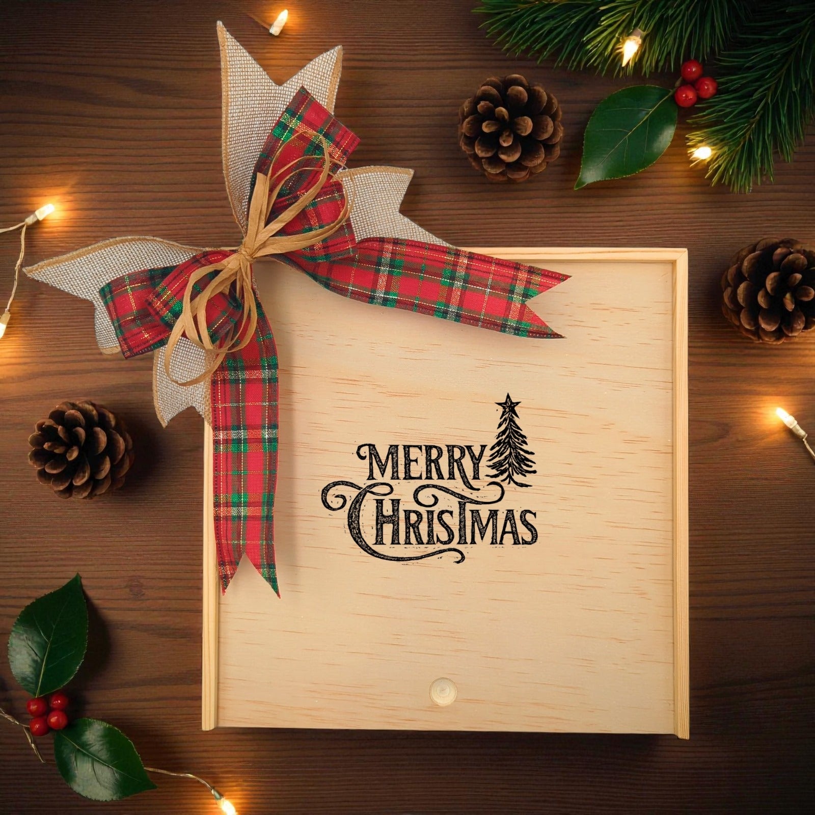 Create Your Own Merry Christmas Tree Wood Gift Box with a festive red plaid bow and "Merry Christmas" design, surrounded by pinecones, holly leaves, and holiday lights.