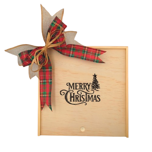 Create Your Own Merry Christmas Tree Wood Gift Box with a festive red plaid bow and "Merry Christmas" design, surrounded by pinecones, holly leaves, and holiday lights.