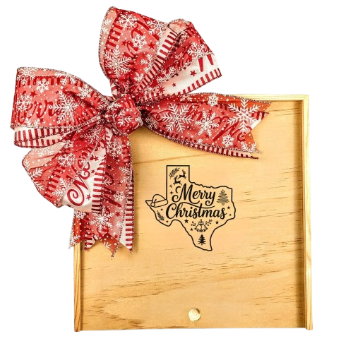 Create Your Own Merry Christmas Wooden Gift Box with a festive red snowflake bow and a “Merry Christmas” Texas design, surrounded by holiday greenery and seasonal decorations.