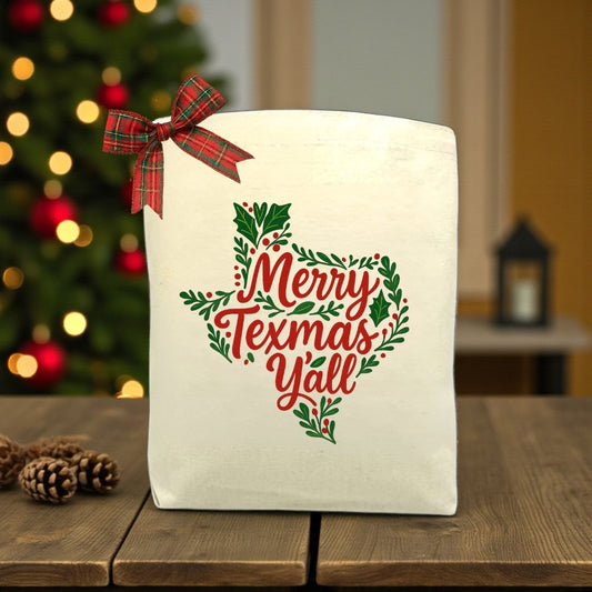 Create Your Own Merry Texmas Y’all Gift Tote made from durable canvas with festive Texmas-themed lettering, styled for holiday gifting and Texas-inspired presentation.