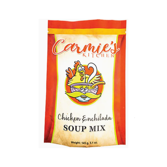 A package of Carmie's Kitchen Chicken Enchilada Soup Mix with a colorful graphic of a chicken and spices on the front.