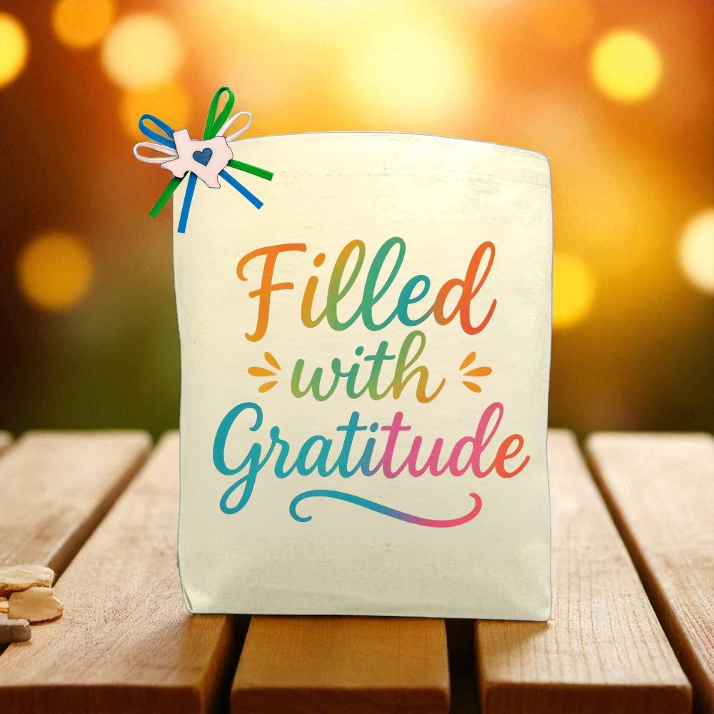 Canvas tote bag with the colorful phrase “Filled With Gratitude” printed on the front, decorated with a Texas ribbon bow, displayed on a wooden table with a glowing background.