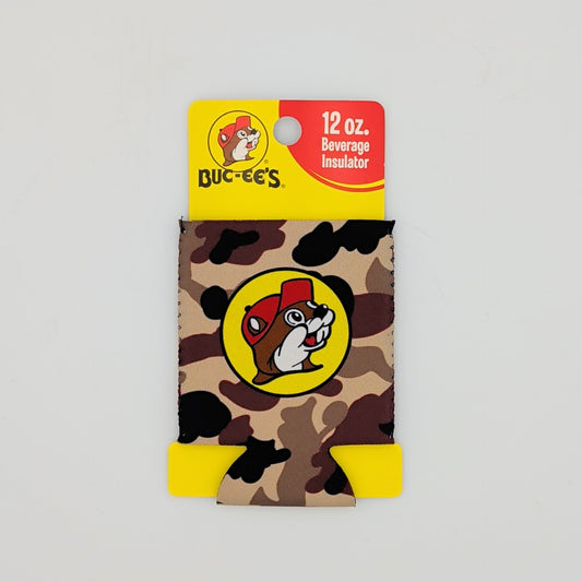 Camouflage beverage insulator with Dug-E's logo on a gray background