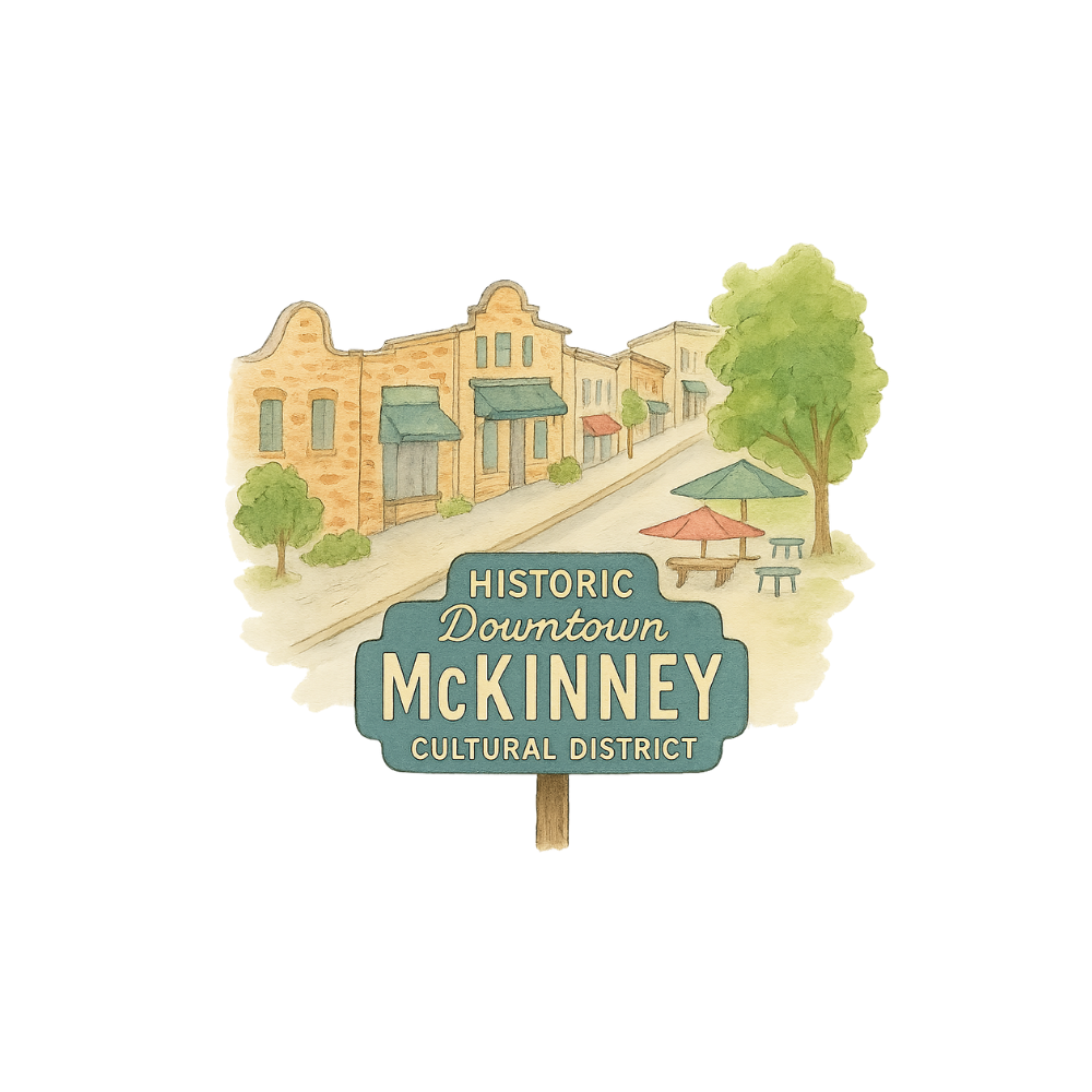 Historic Downtown McKinney watercolor artwork featuring Main Street buildings, green trees, and cultural district sign


