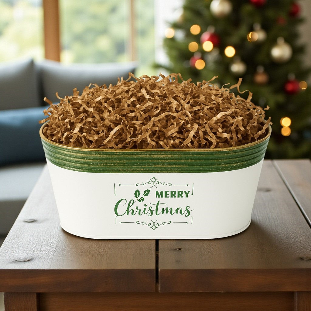 Merry Christmas Gift Basket with classic holiday styling, filled with seasonal treats and festive accents for thoughtful Christmas gifting.