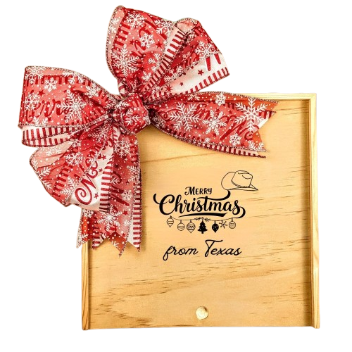 Merry Christmas from Texas Wooden Gift Box with a festive red snowflake bow and "Merry Christmas from Texas" design, showcasing Texas holiday spirit and seasonal cheer.