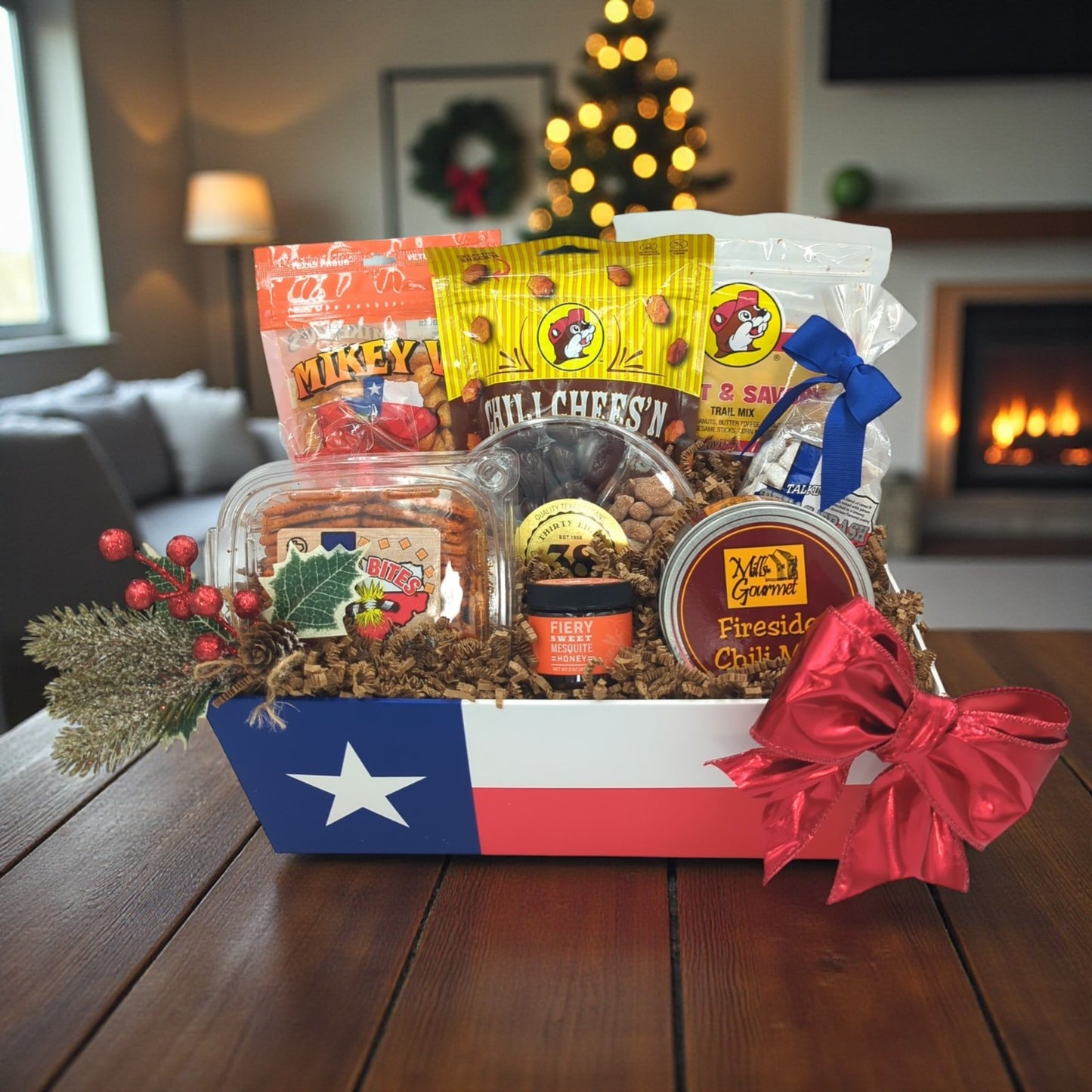 Merry Texmas Flavor Box filled with Texas-made treats and festive holiday accents, styled to showcase bold Lone Star flavors and cheerful seasonal gifting.