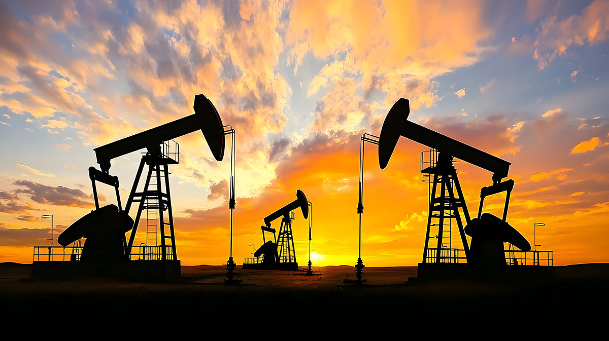 Silhouettes of oil pumpjacks against a dramatic orange and yellow sunset sky with clouds in Midland, Texas.