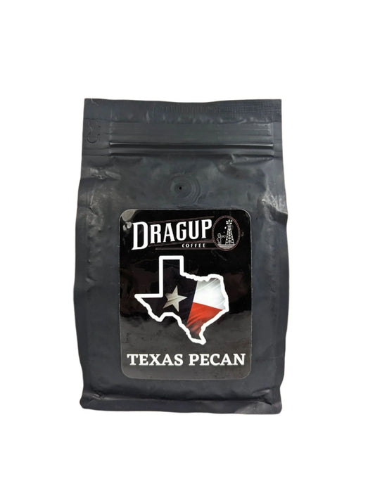 Dragup Texas Pecan Coffee bag – black package with Texas flag and pecan-flavored 100% Arabica coffee label