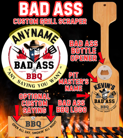 The Bad Ass BBQ Scraper – Custom-Engraved Grill Scraper with Built-in Bottle Opener