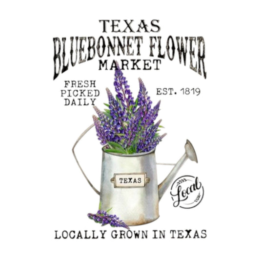 Texas Bluebonnet Flower Market logo with a watering can and lavender flowers on a white background.