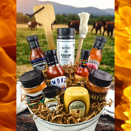 BAD ASS BBQ Bucket with hand-selected Texas BBQ essentials like sauces and seasonings spilling out, set against a wooden backdrop.