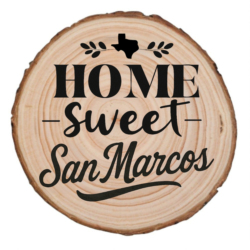 Natural wood slice coaster with “Home Sweet San Marcos” laser engraving and Texas silhouette on white background.