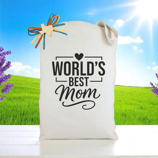 a tote bag with World’s Best Mom printed on front, on a wooden table