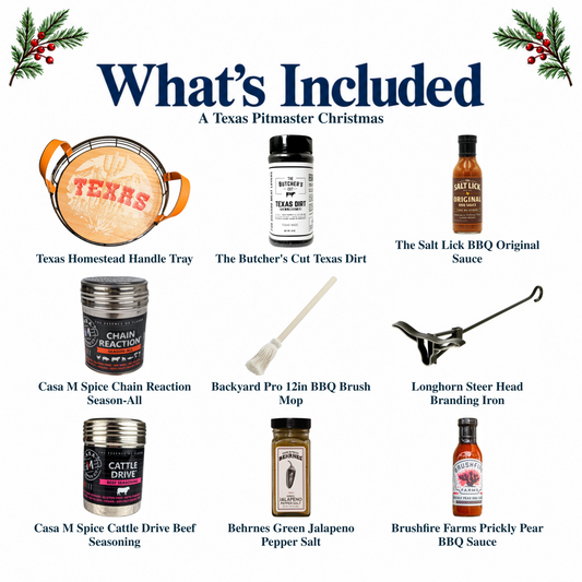 What's included in A Texas Pitmaster Christmas: the gift container and each included product, individually labeled.