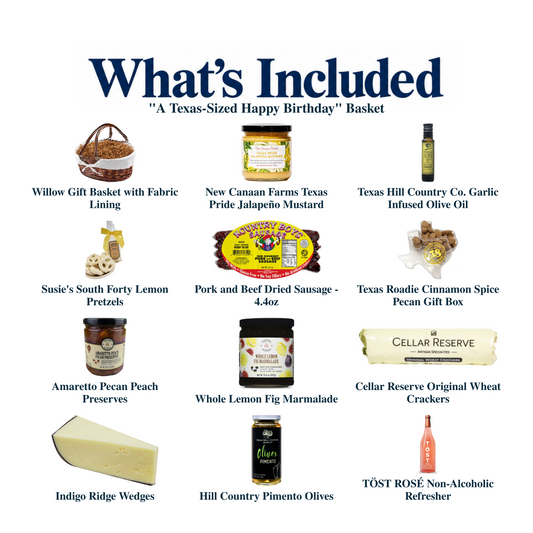 What's included in "A Texas-Sized  Happy Birthday" Basket: each included item individually labeled.