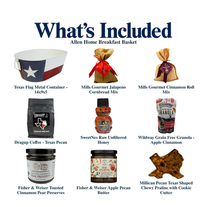 What's included in Allen Home Breakfast Basket - FREE US MAINLAND SHIPPING: each included item individually labeled.