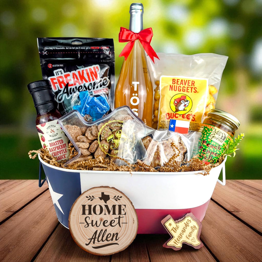 Allen Texas Toast & Treats Home Basket with TÖST ROSÉ, Peach Pepper Jelly, Buc-ee’s Beaver Nuggets, Texas pecans, praline, chipotle sauce, and Texas flag tin