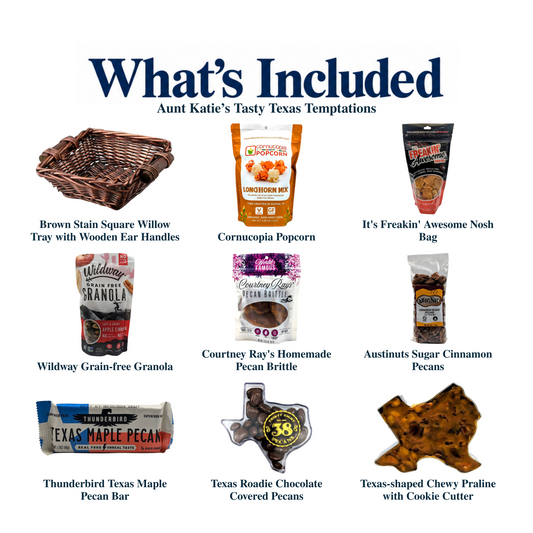 What's included in Aunt Katie’s Tasty Texas Temptations: each included item individually labeled.