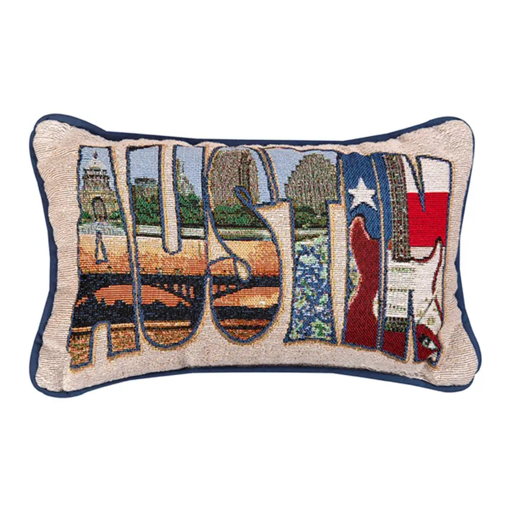 Austin word pillow measuring 12.5 by 8 inches displayed as a Texas-themed home décor gift on the Texas Gift Baskets storefront